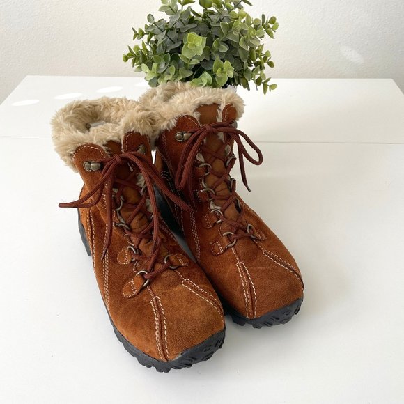 Earth Spirit Shoes - Earth Spirit Seona Cognac Burnt Orange Suede Faux Fur Lugged Lace Up Boot